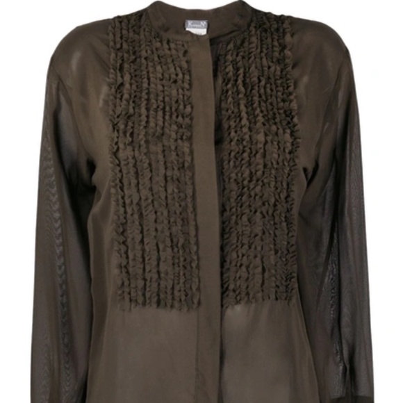 Kristensen Du Nord RUFFLE-BIB LONG SLEEVED BLOUSE IN GREEN - Picture 1 of 2